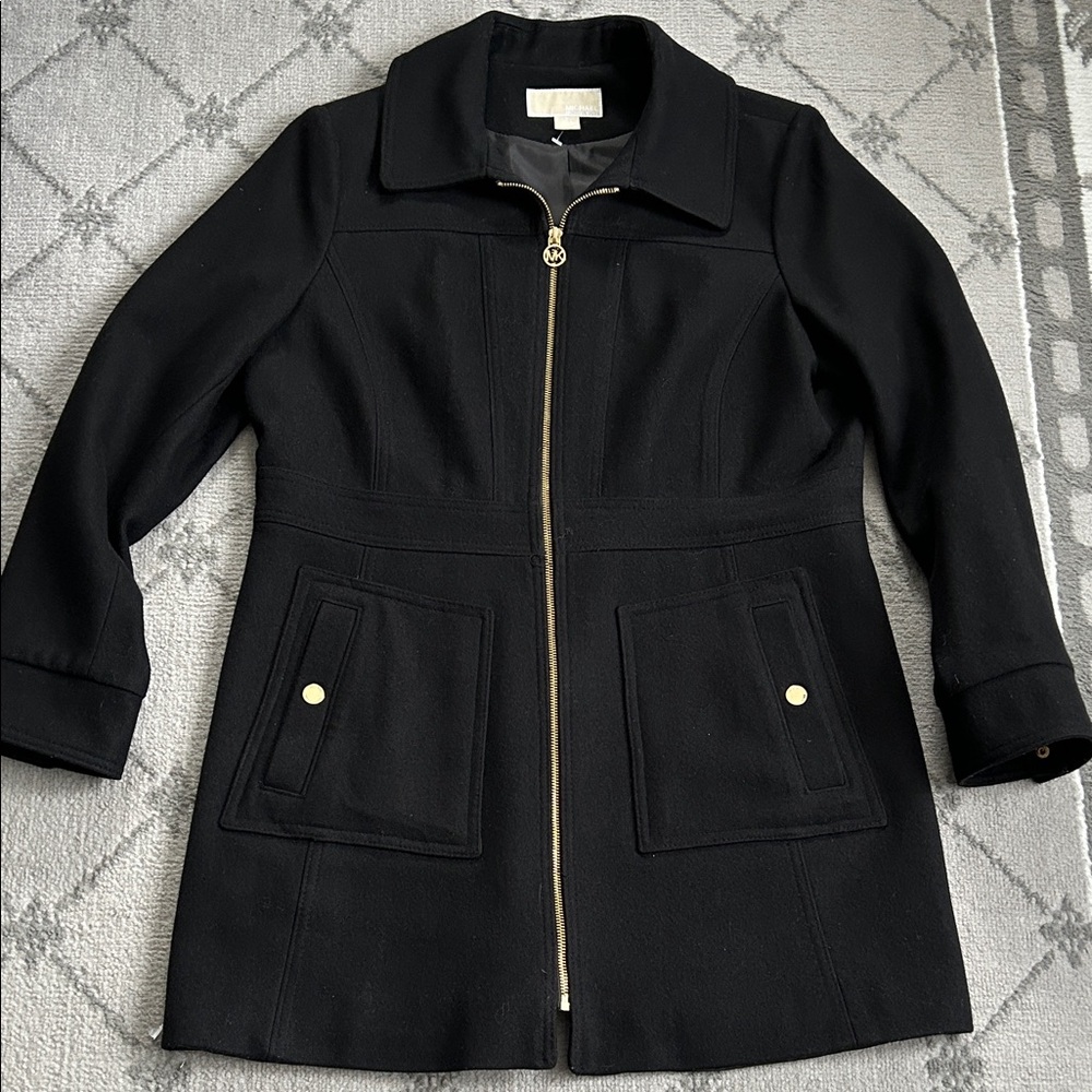 Michael Kors Black Wool Coat with Gold Zipper